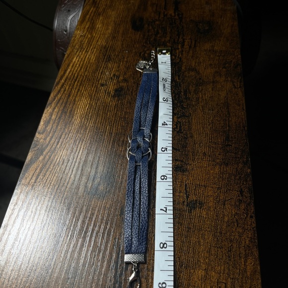 Braided Faux Leather Bracelet with Silver Tone Rings & Charm Adj 8.5” Navy Blue - Picture 4 of 4